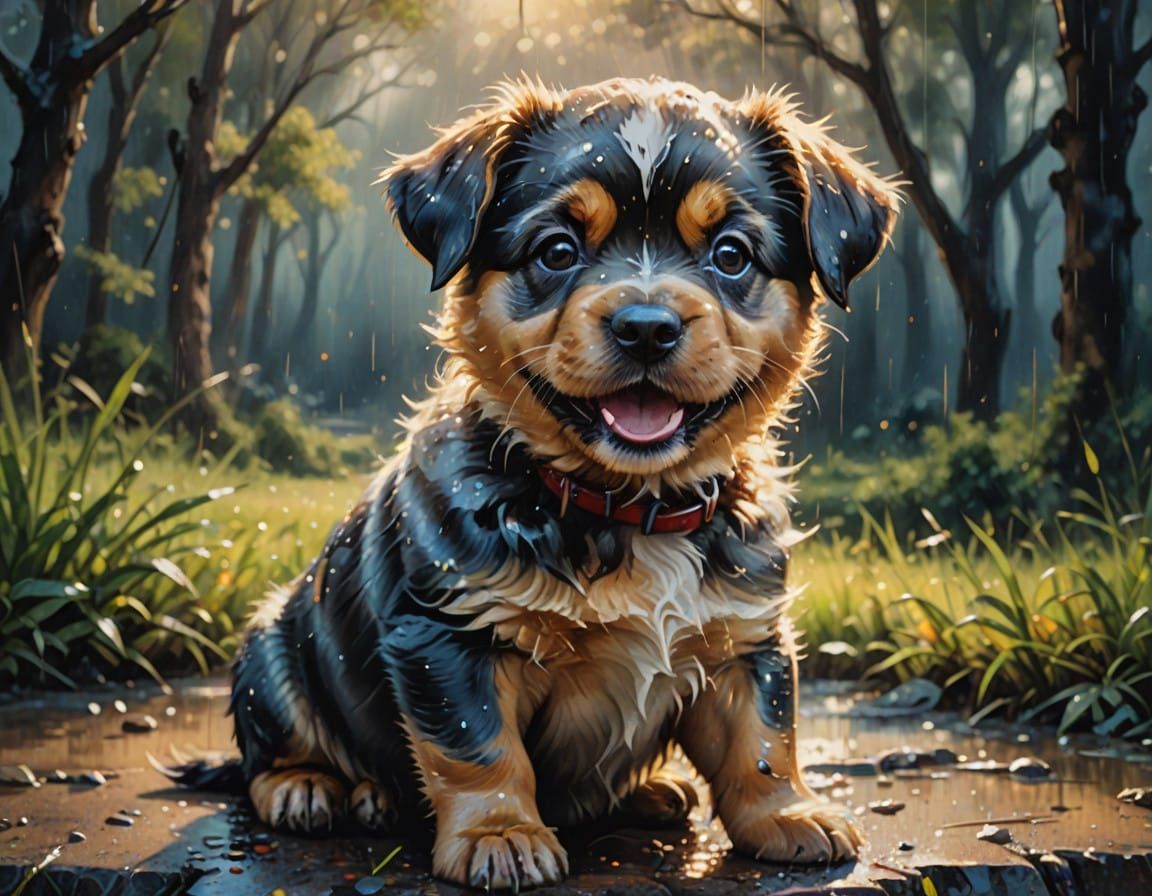 Vibrant Chubby Puppy Portrait in Wet on Wet Oil Painting Sty...