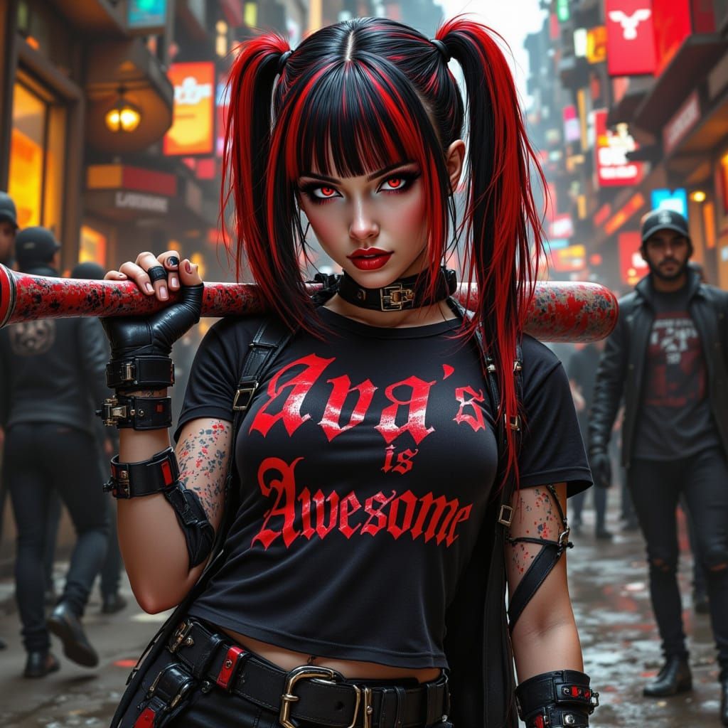 luis royo dark fantasy fashion painting, a beautiful goth woman with neon red and black pony tail hair with macabre harl...