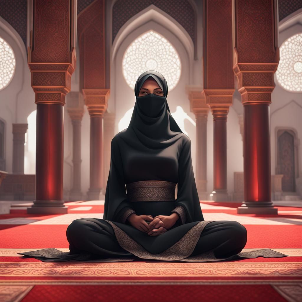 Muslim Woman Praying in Mosque, Detailed Digital Art
