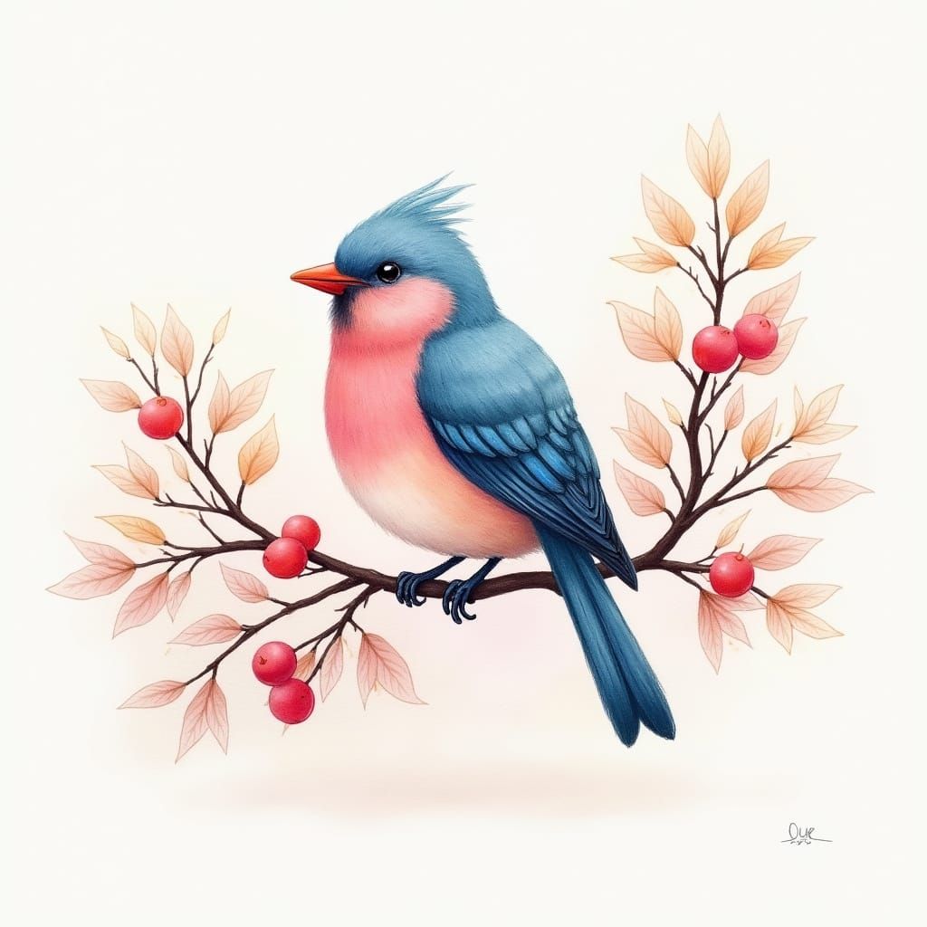 Whimsical Bird in Delicate Pencil and Alcohol Ink Drawing