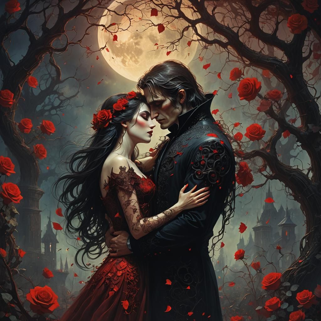 Moonlit Vampire Embrace in Mystical Garden