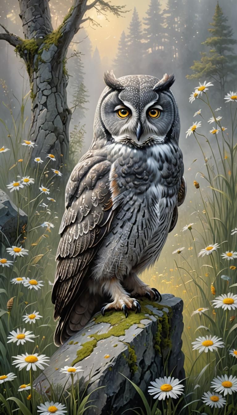 Grey Owl in Ethereal Fantasy Landscape