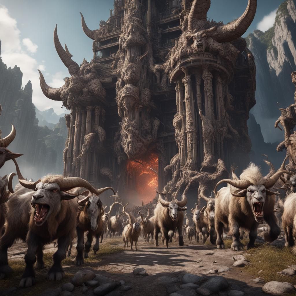 Titan Under Siege: Goats and Trolls in Brutalist Style