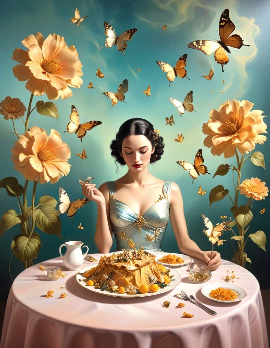 Surreal Dinner Scene with Butterflies and Flowers