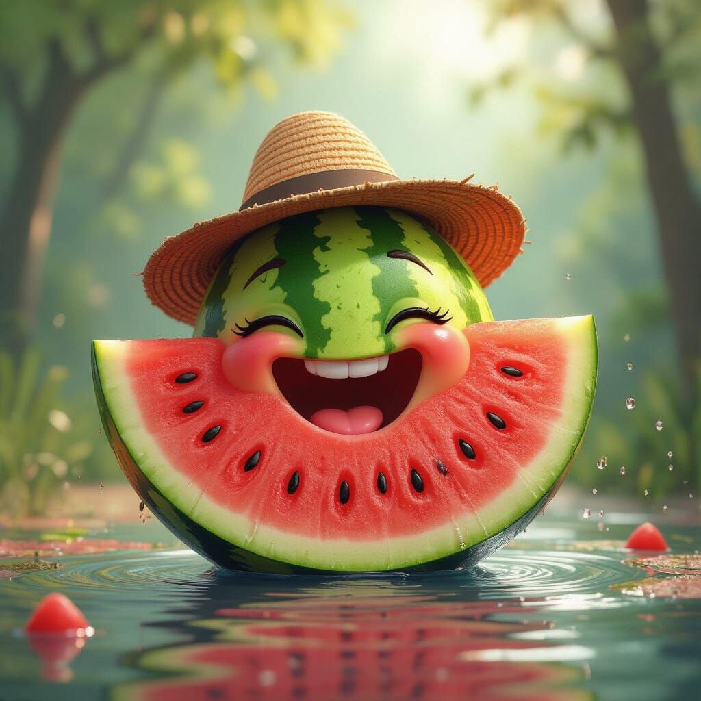 Laughing Watermelon with Tiny Hat in Digital Art Style