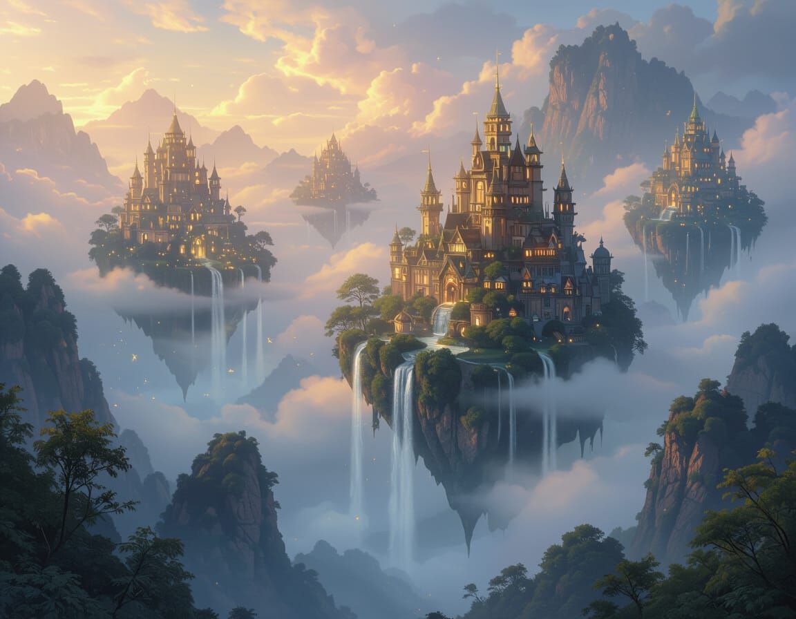 Ethereal Sky Islands Shrouded in Mist, Luminous Fantasy Styl...