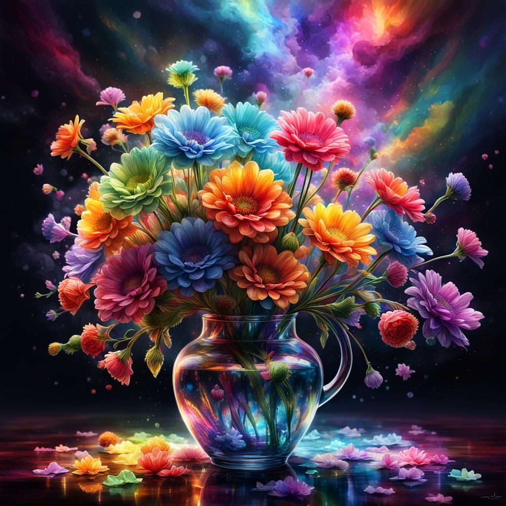 Vase of Rainbow Flowers in Holographic Style