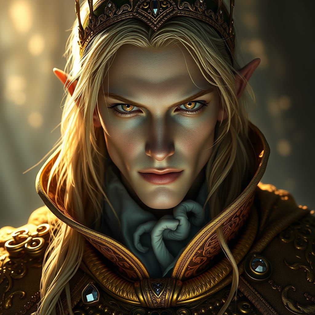 Ethereal Elf King in Lavish Golden Attire