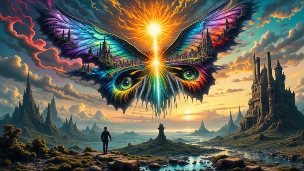 Fractal Face Man in Surreal Landscape