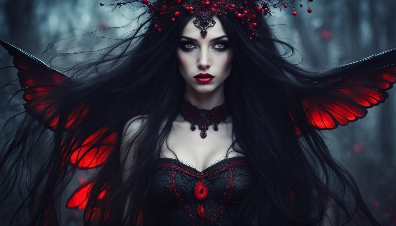 Sinister Dark Fairy Goddess with Red Eyes