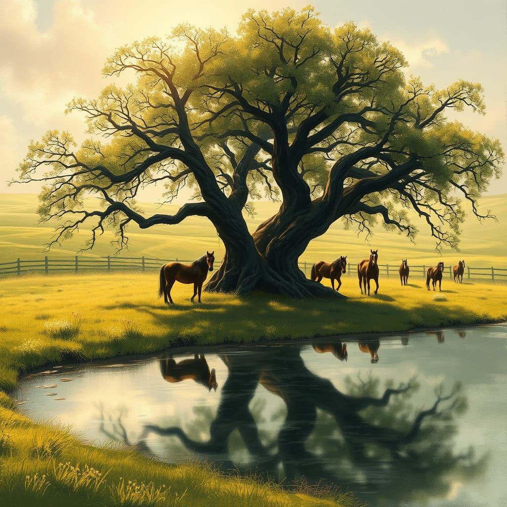 Mystical Horses Under Ancient Oak in Vibrant Summer