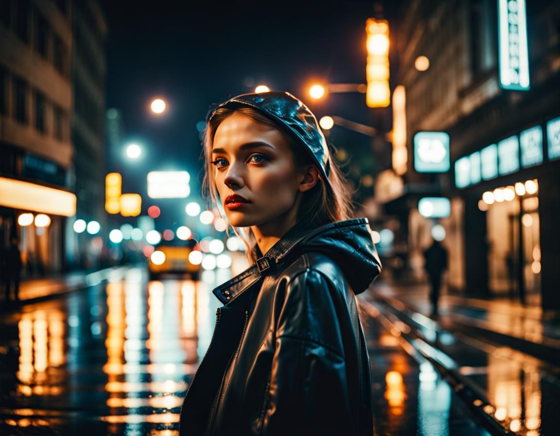 Beautiful Girl in Rainy Street: Analog Film Photo