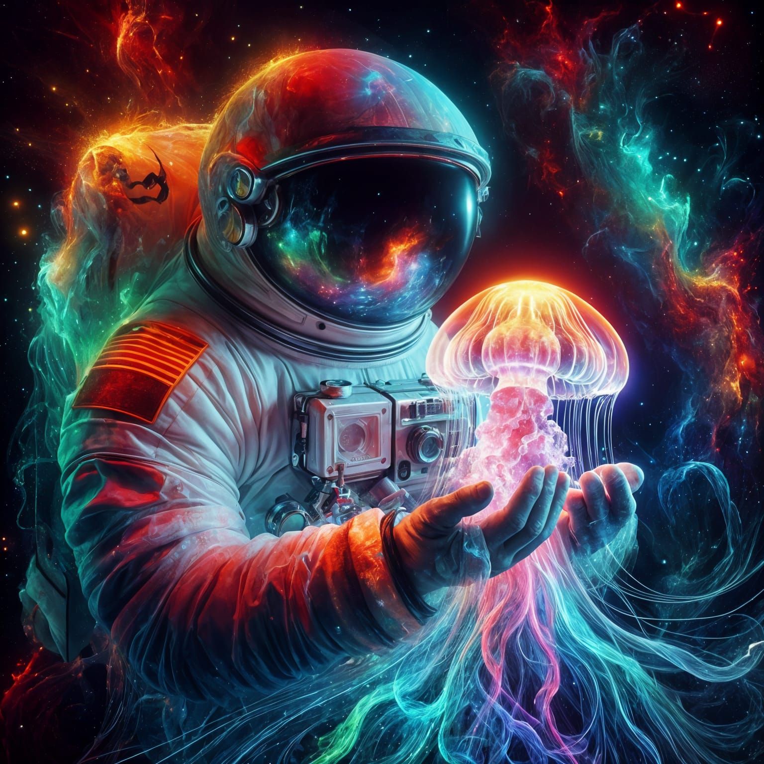 Astronaut with Rainbow Jellyfish: Neon Fantasy