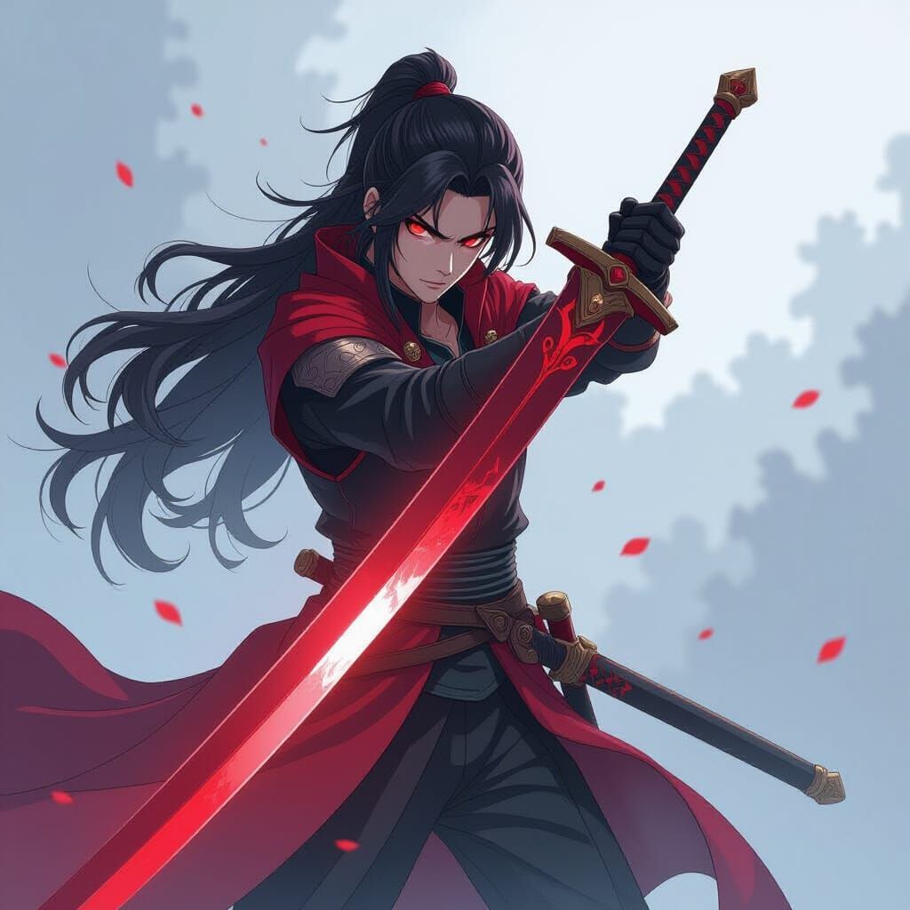 Anime Red Sword in Cel-Shaded Style