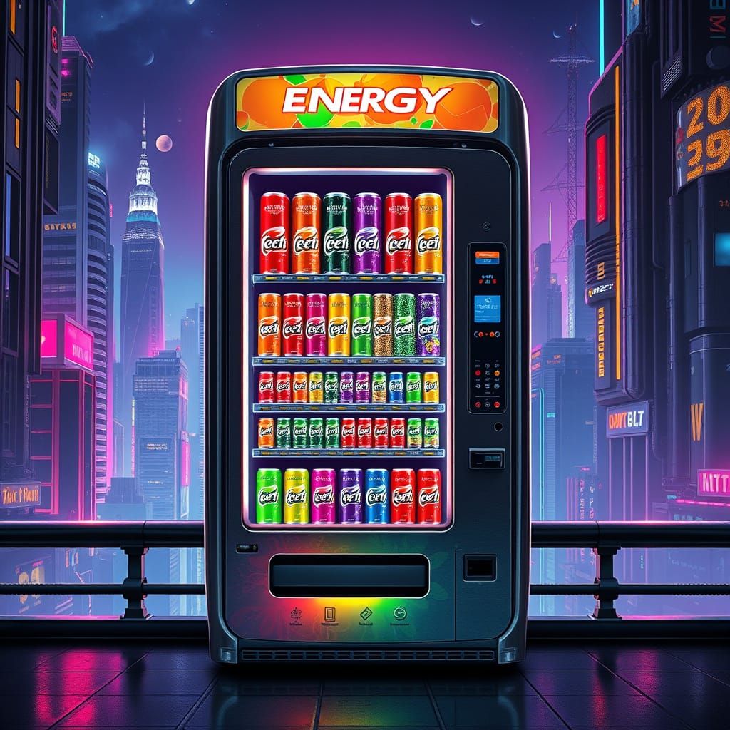 Futuristic Vending Machine with Neon Energy Drinks