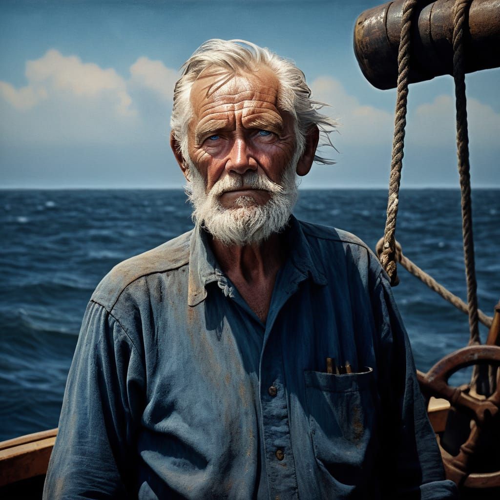 Old Fisherman at Sea in Moody Oil Painting