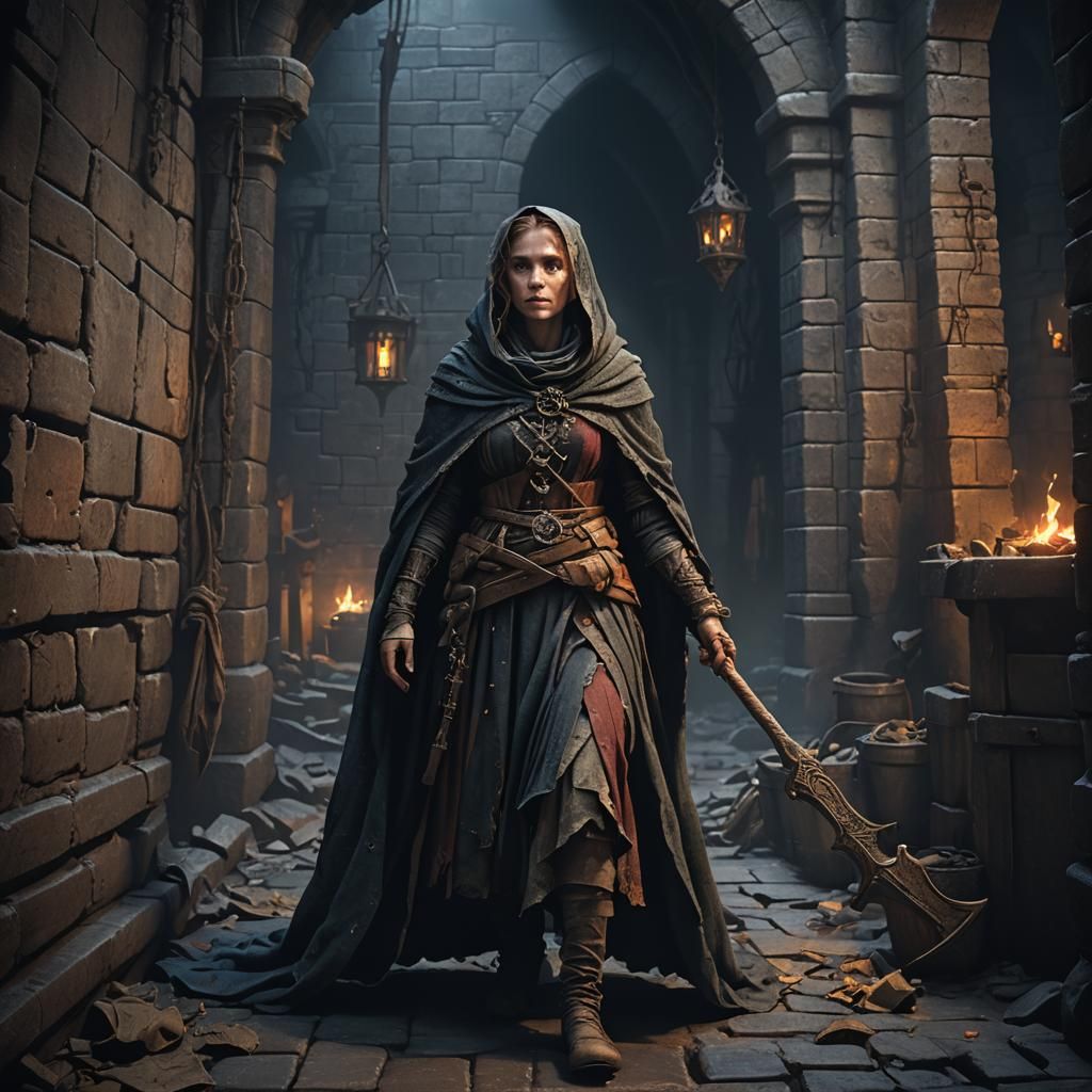Medieval Woman in Dungeon: Detailed Matte Painting