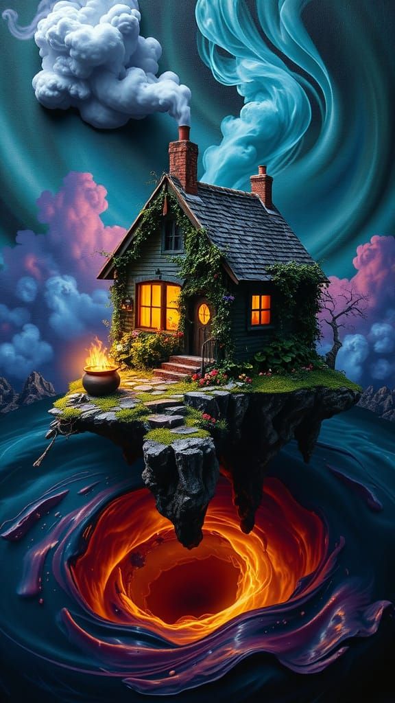 Witch's Cottage on Vortex Edge, Absurdist Collage Mural