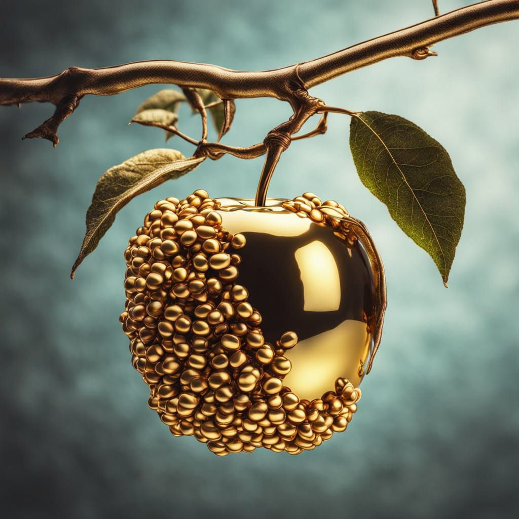 Golden Bean Apple on Glass Branch in HDR