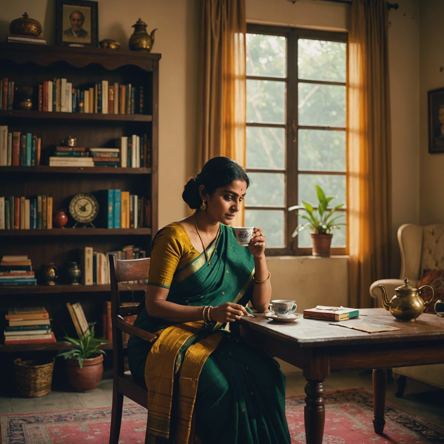 Woman in Saree Sipping Tea: Cinematic Film Still