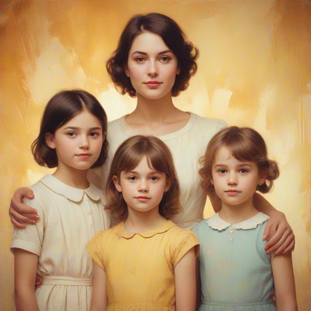Nostalgic Mother and Daughters Portrait in Pastel Colors