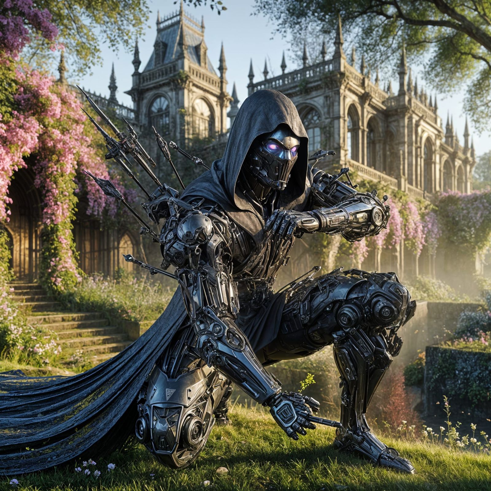 Sci-Fi Ninja in Overgrown Palace, Oil Painting Aesthetic