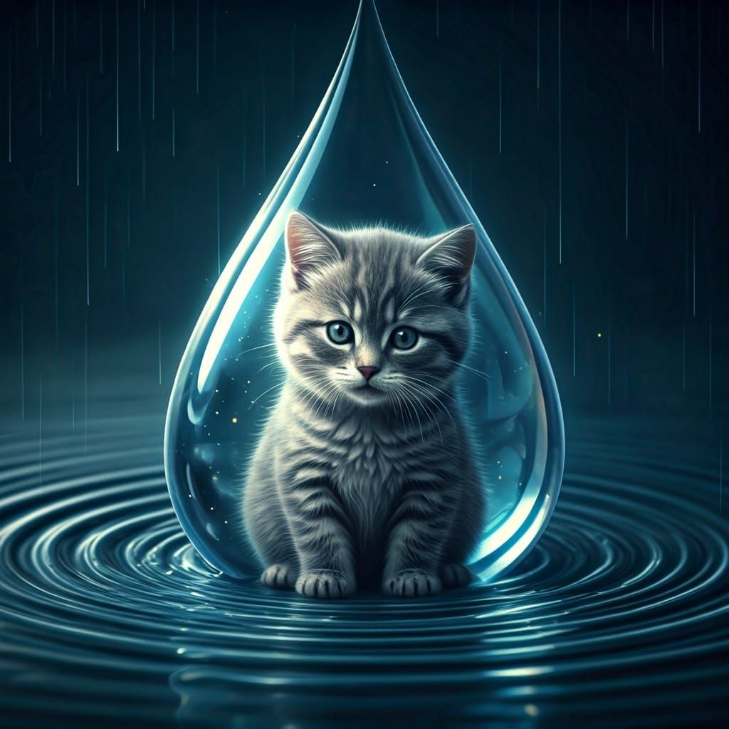Kitten in Raindrop: Hyper-Realistic Fantasy Concept Art