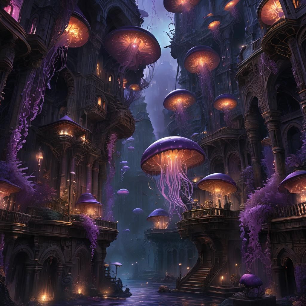 Underwater City Concept Art in Dark Fantasy Style