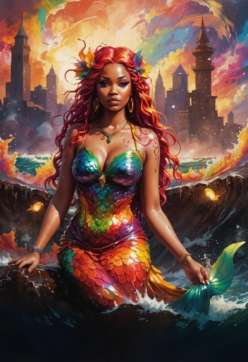 Mermaid Goddess in Colorful Winter Beachscape