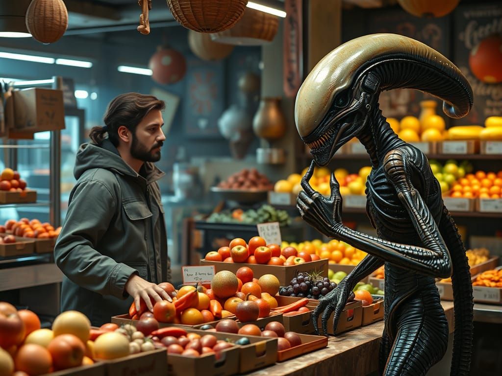 Intergalactic Food Market With Earth Fruits