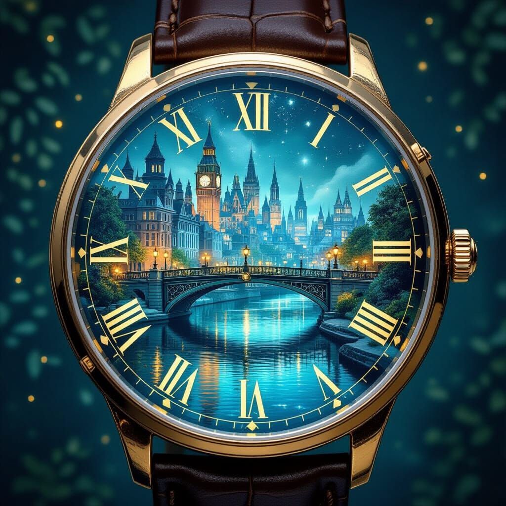 Magical City Inside Vintage Watch, Detailed Digital Painting