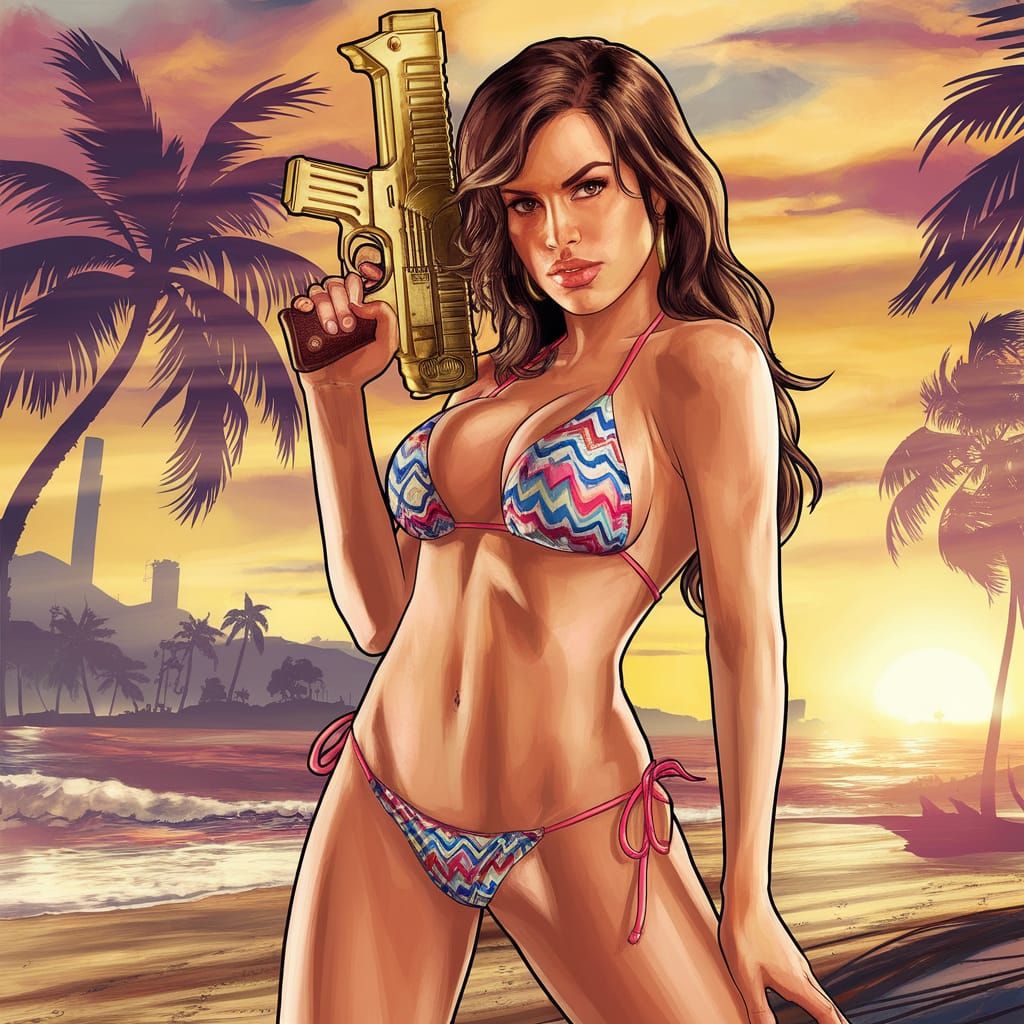 Sunset Beach: Woman with Golden Gun in GTA Style