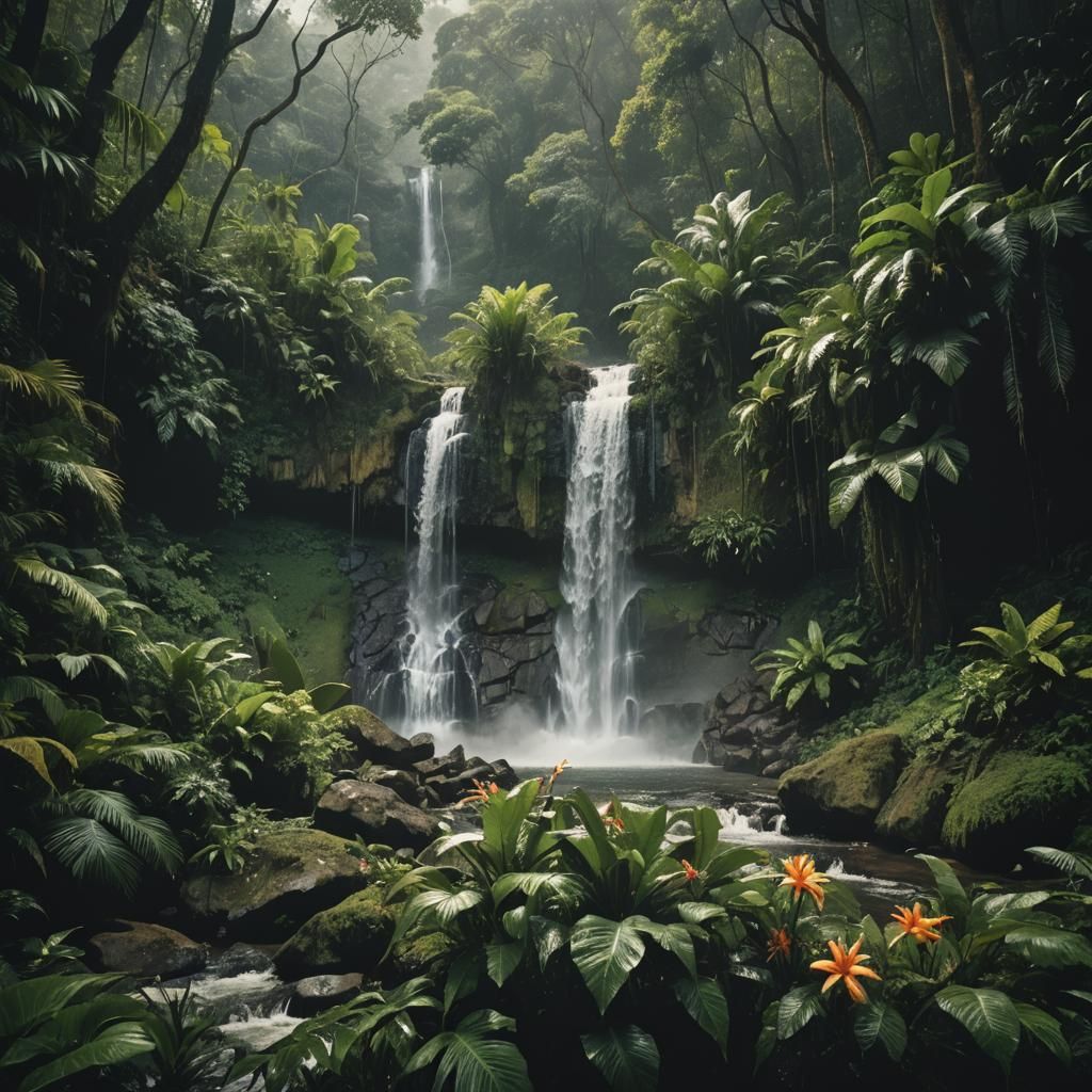 Jungle Waterfall in Cinematic Lighting