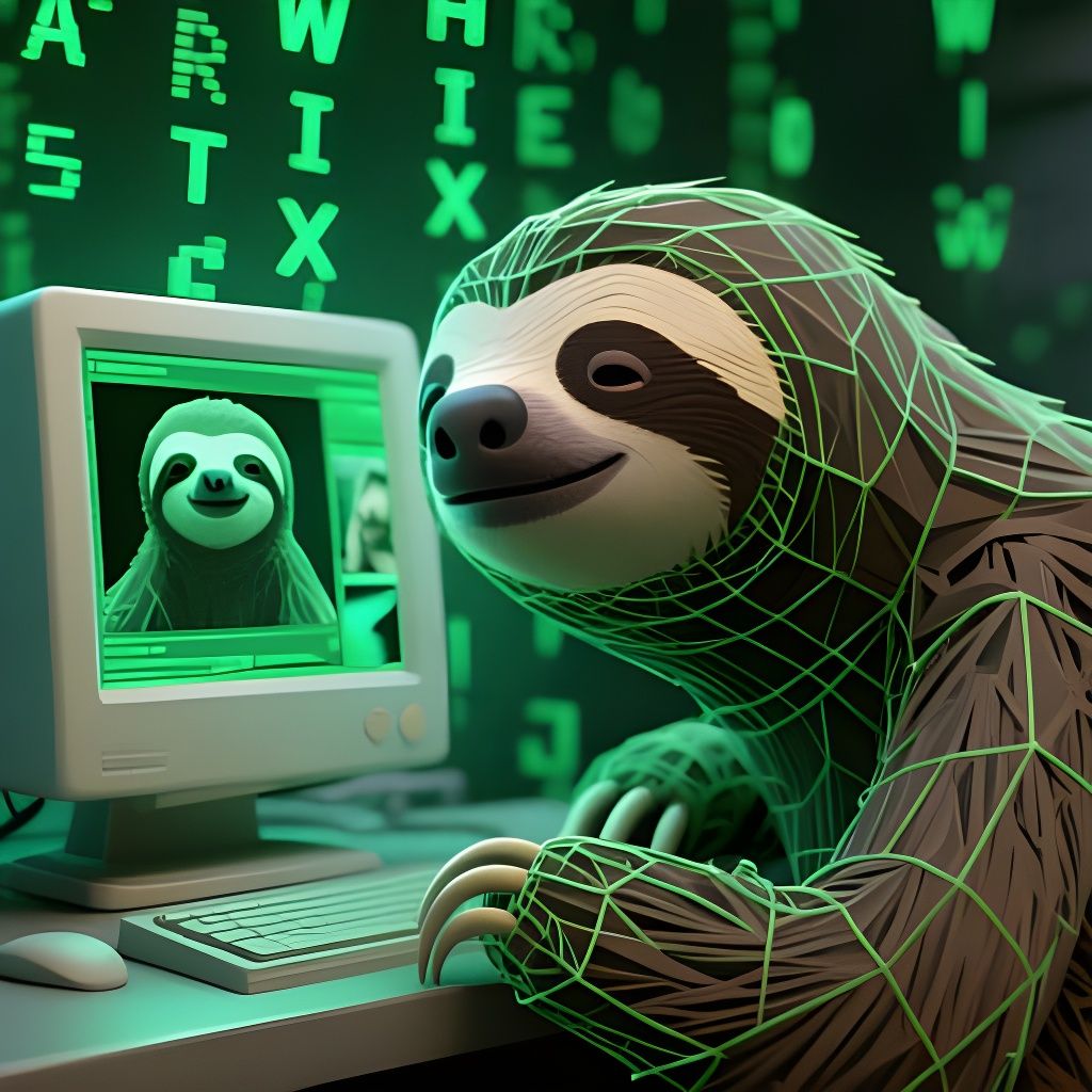 Wireframe Sloth Staring at Matrix Computer Screen