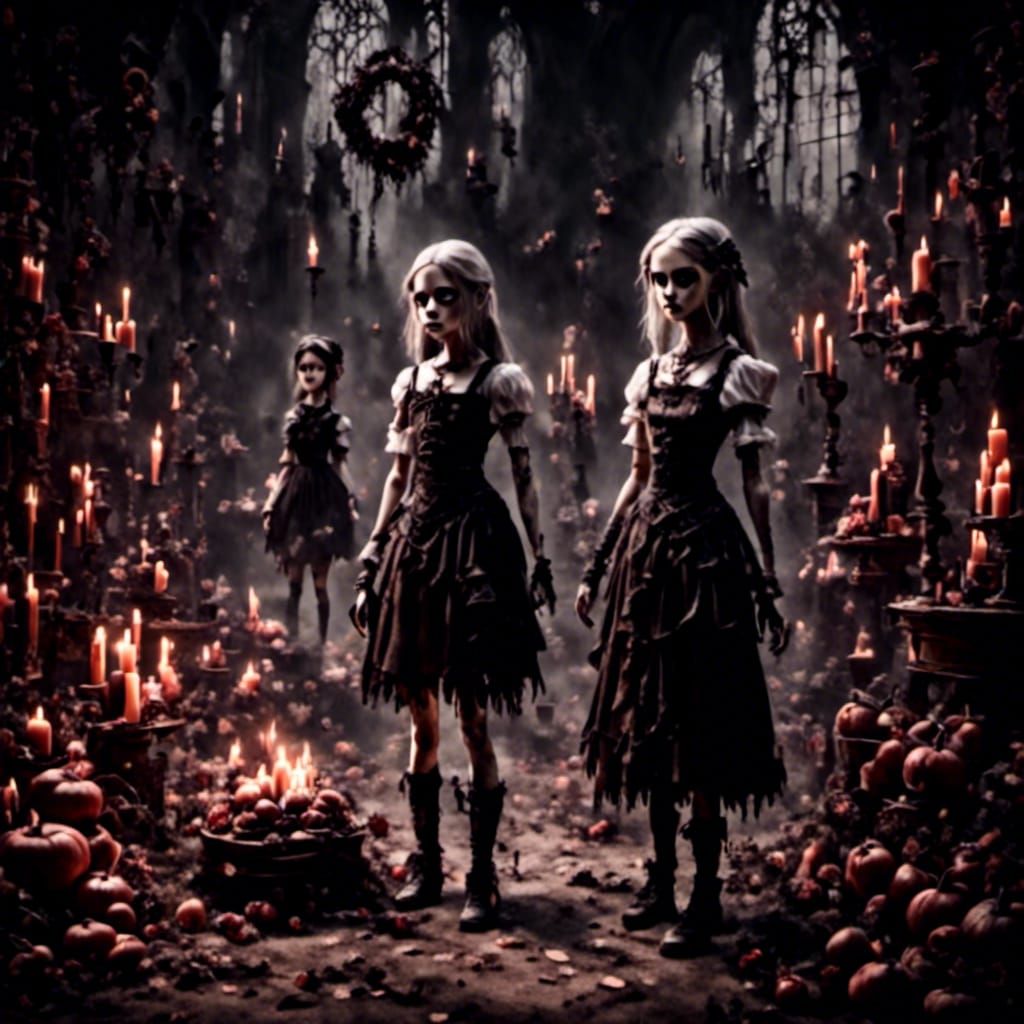 Hansel and Gretel stand in the foreground with the witch lur...