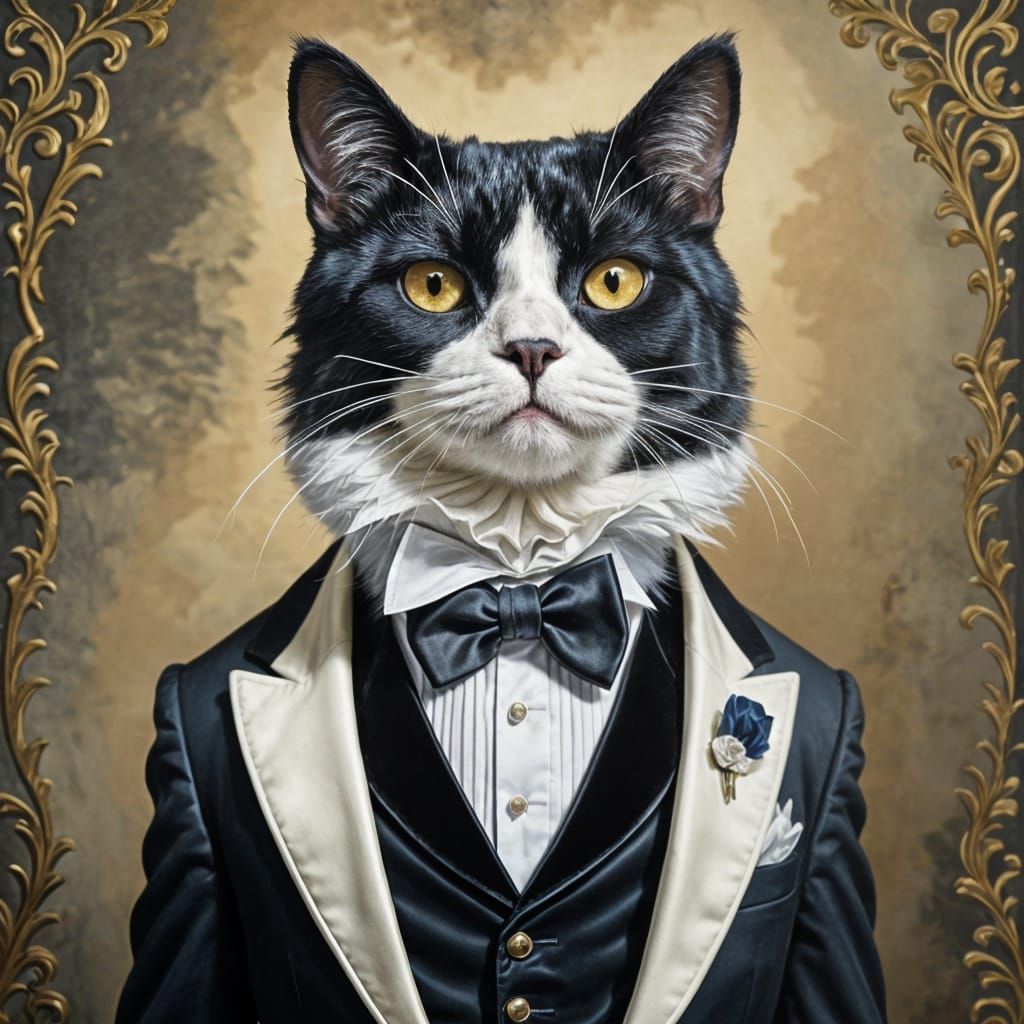 Victorian Butler Cat Portrait in Macabre Hyperrealism