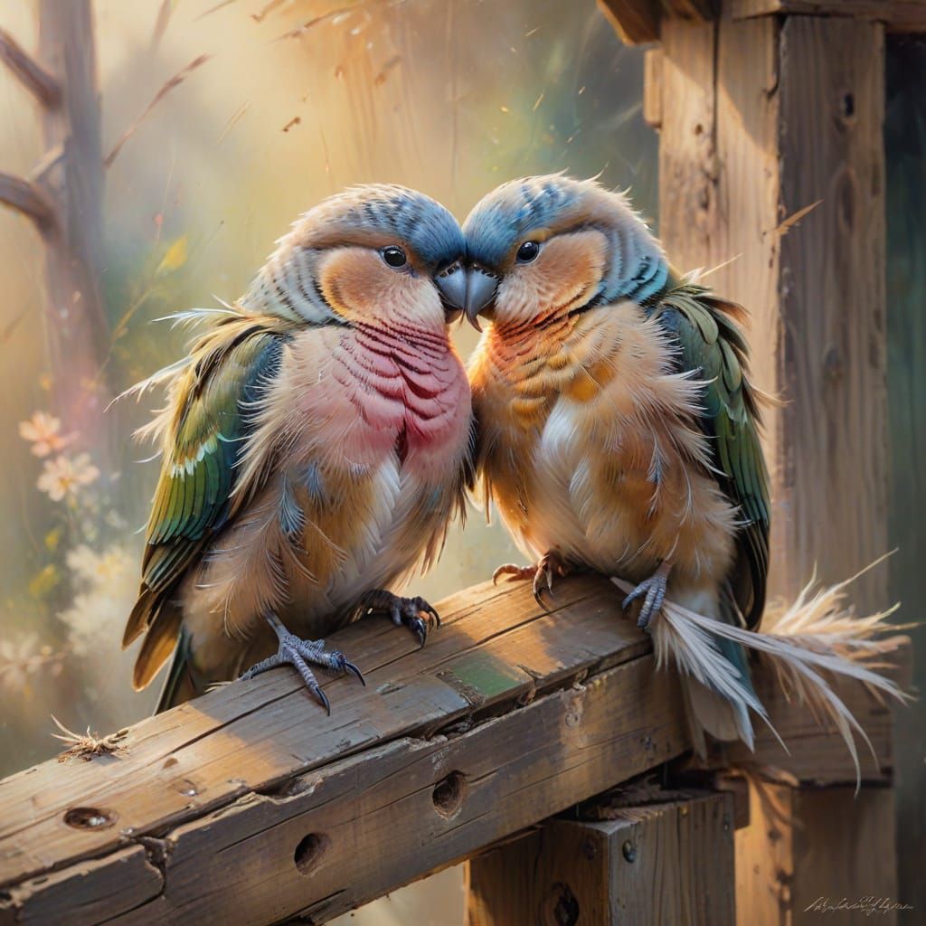 Love Birds on Old Mill Beam in Golden Light