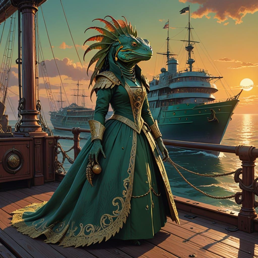 Surreal Iguana Queen Rules Fantasy Pirate Ship in Steampunk ...