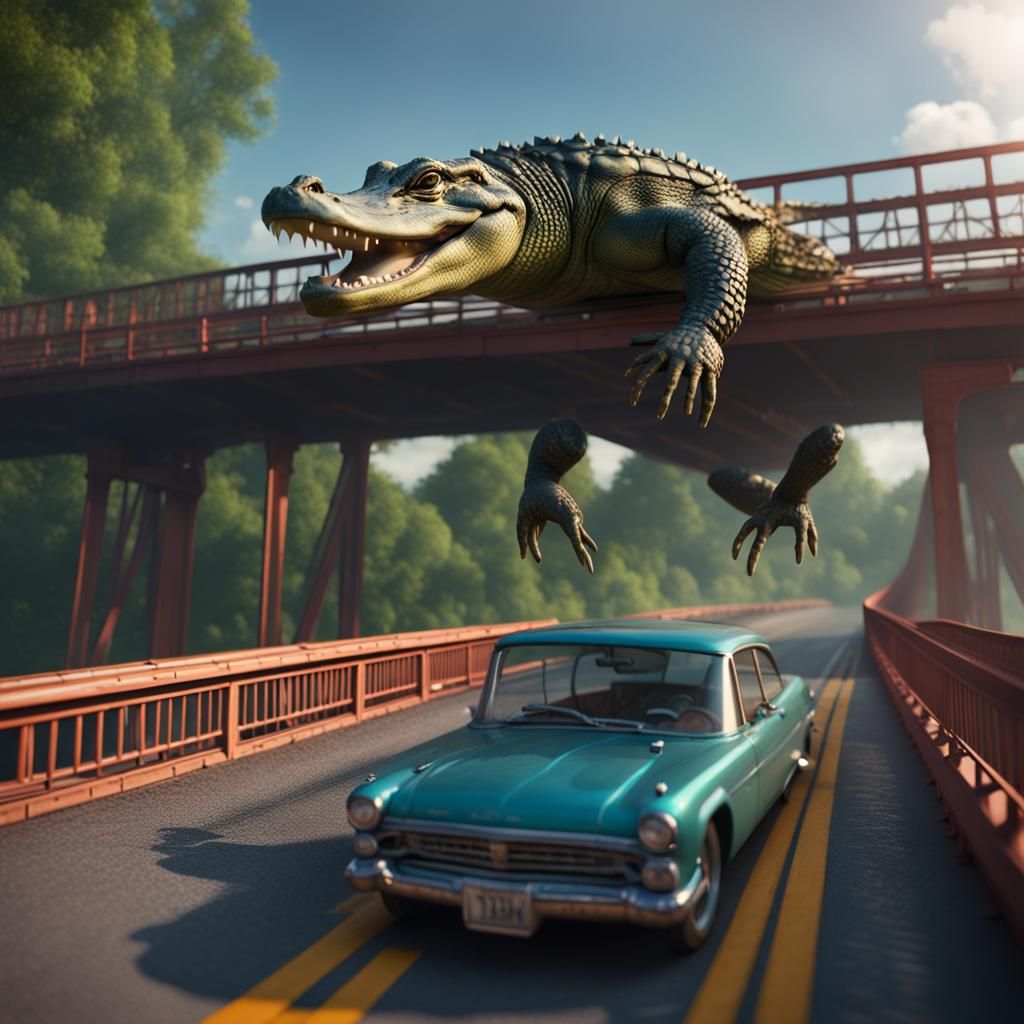 Alligator Drives Car in Traffic: Fantasy Concept Art