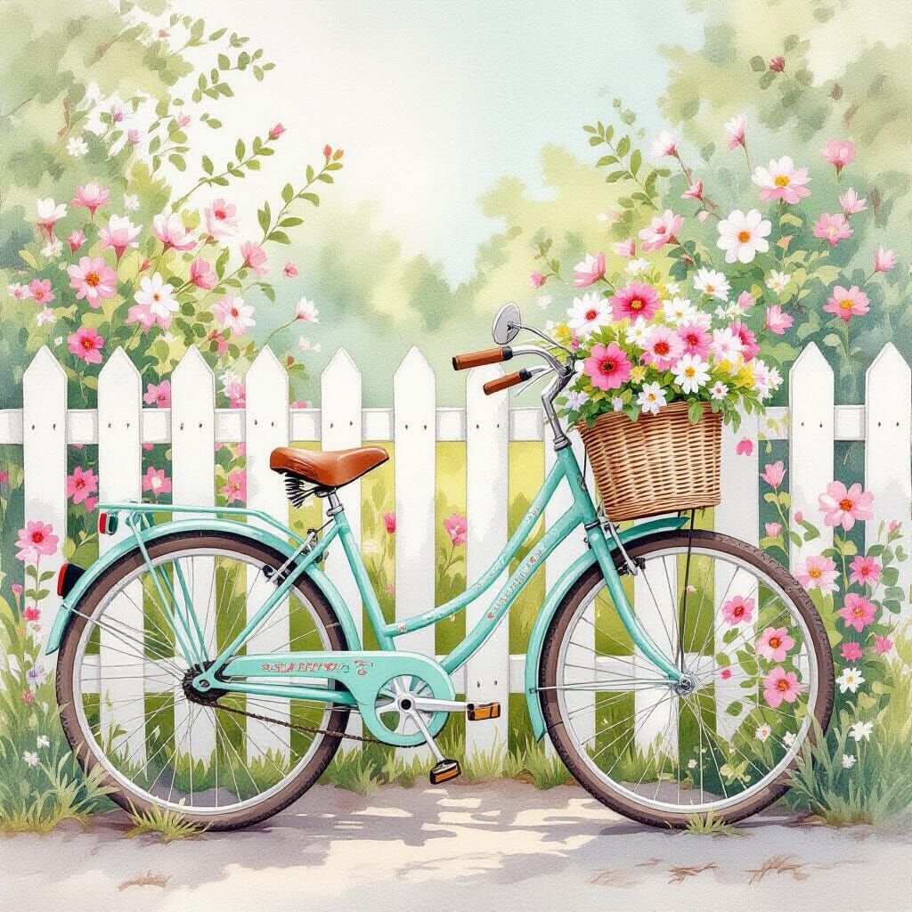 Vintage Bicycle with Flowers in Watercolor Style