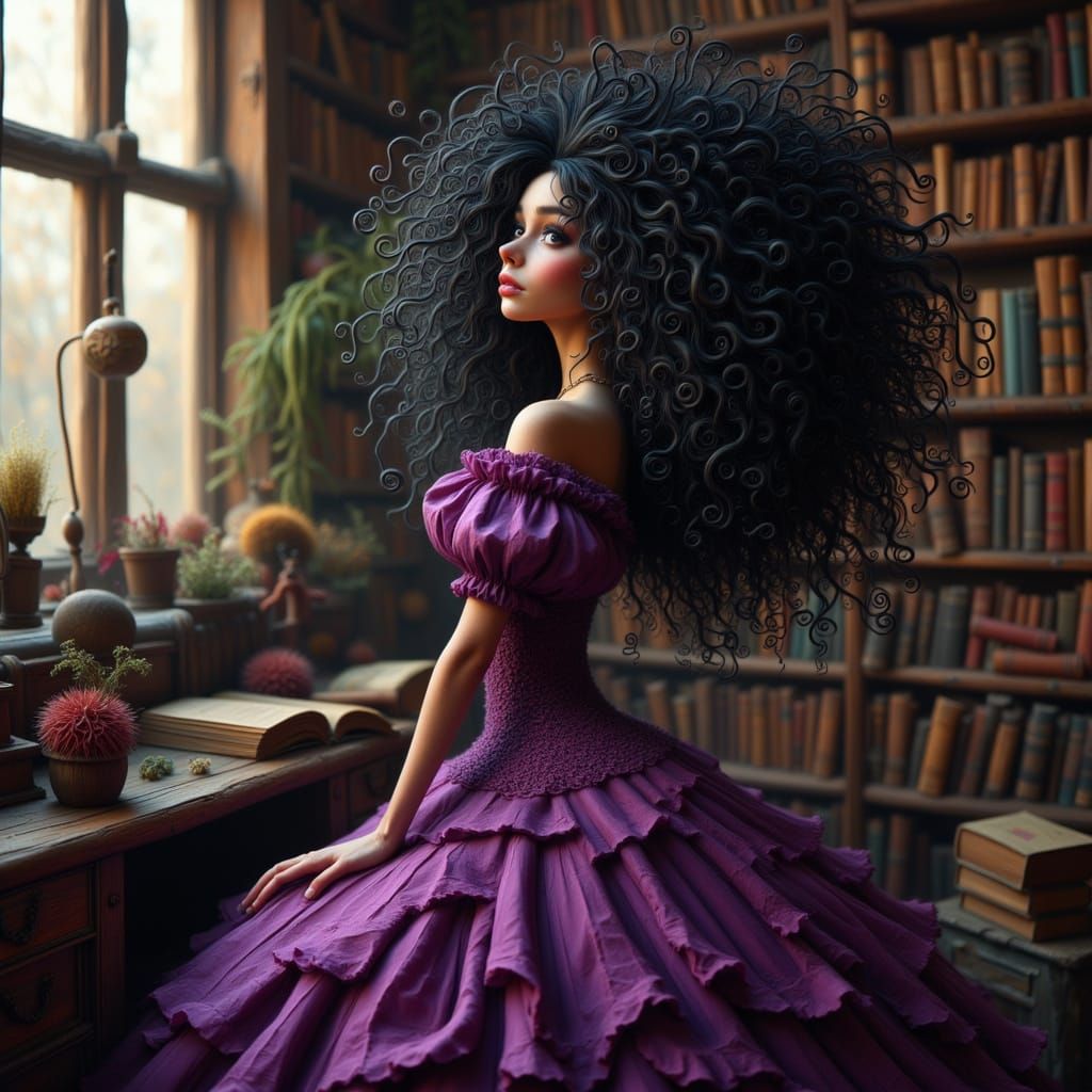 Maiden in Library with Ancient Books, Realistic Fantasy