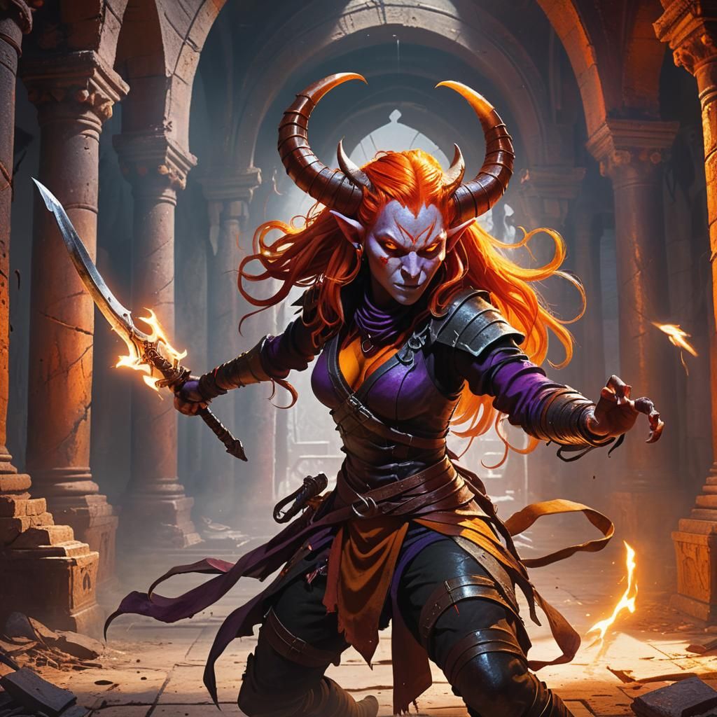 Tiefling Rogue Duel in Dark Fantasy Concept Art