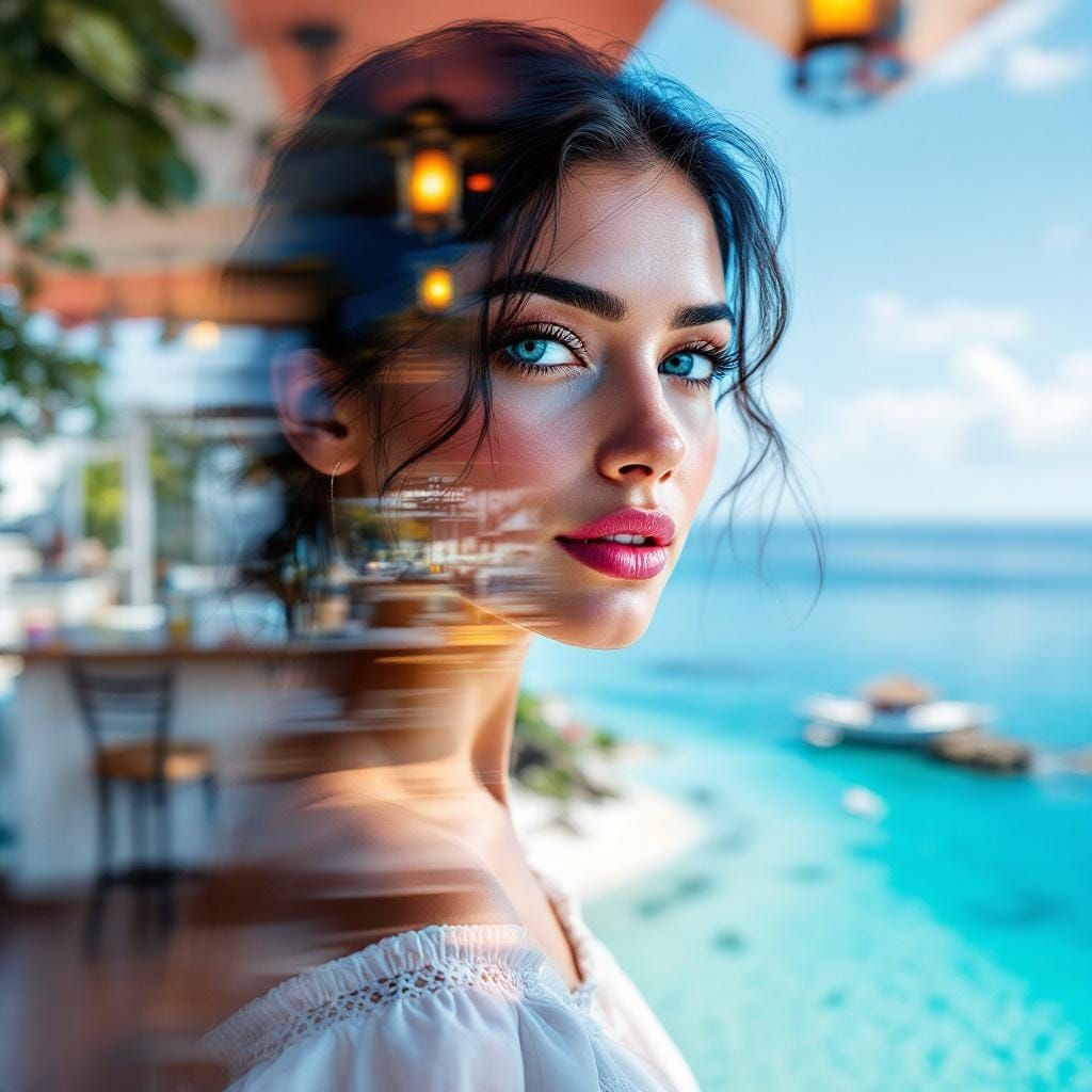 A double exposure artwork combining the human face of a beau...