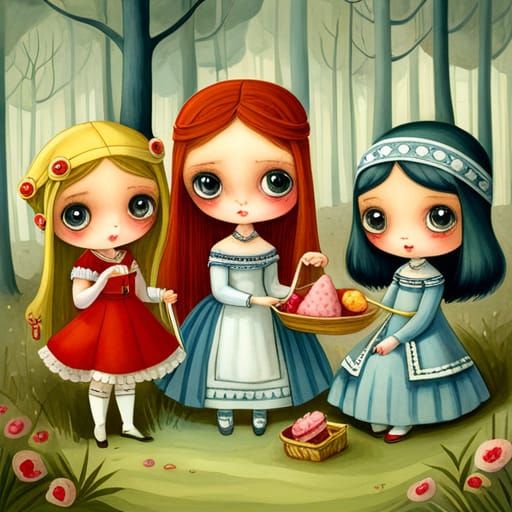 Chibi Waifs Picnic: Surreal Watercolor Illustration