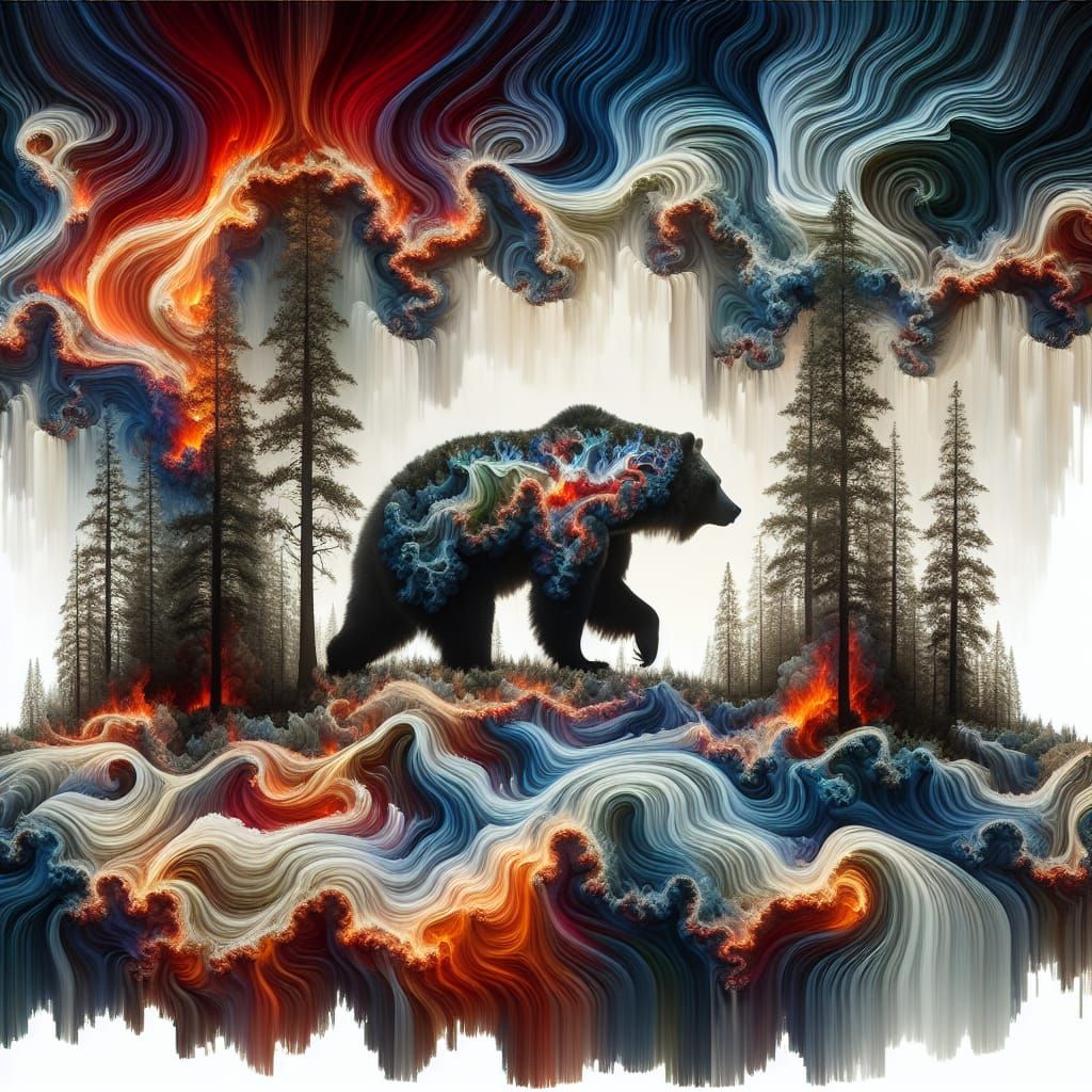 Surreal Double Exposure: Giant Bear Amidst Fire and Waves