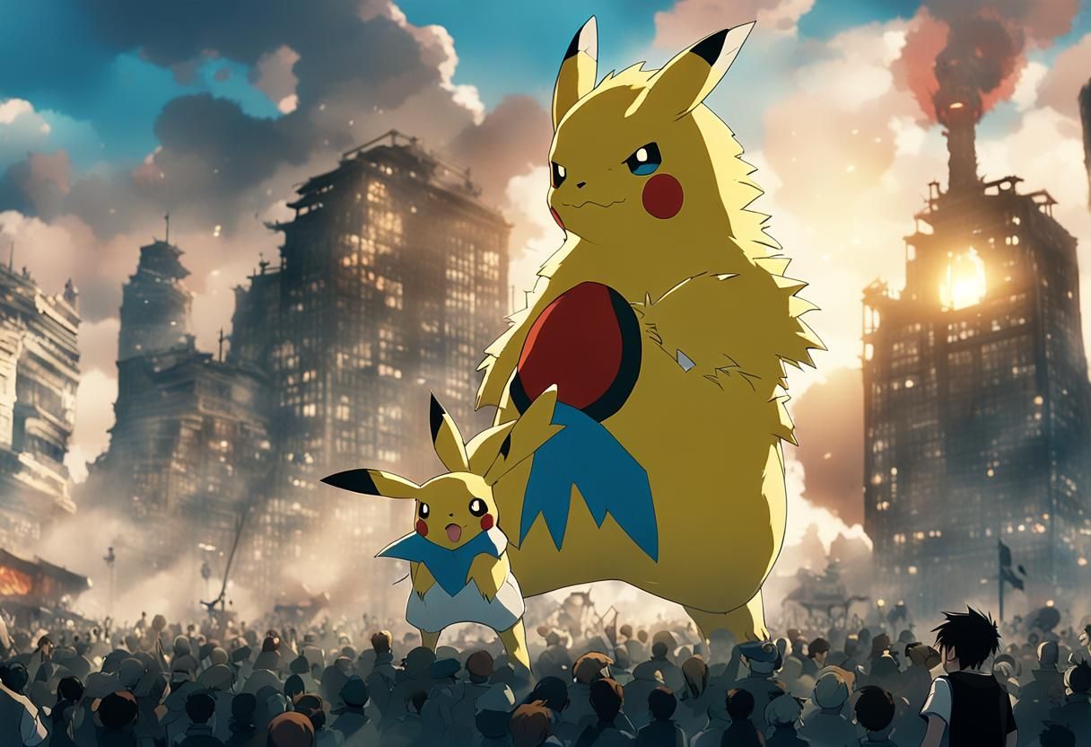 Epic Gigantimax Pokemon in Ruined City, Japanese Brushwork