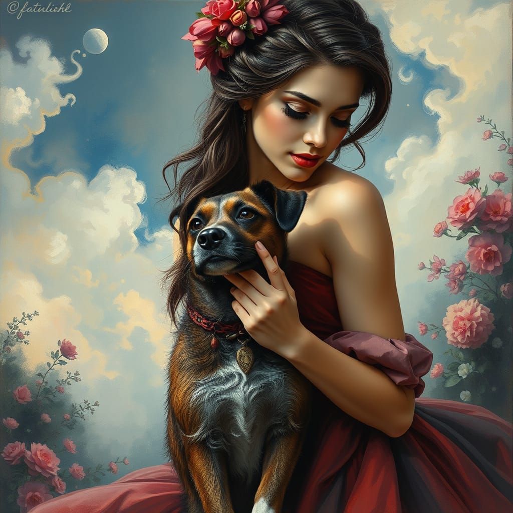 Woman and Dog in Ethereal Charcoal Gouache Style