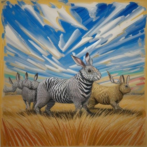 Expressionist Masterpiece with Gingham Rabbit and Striped Fr...