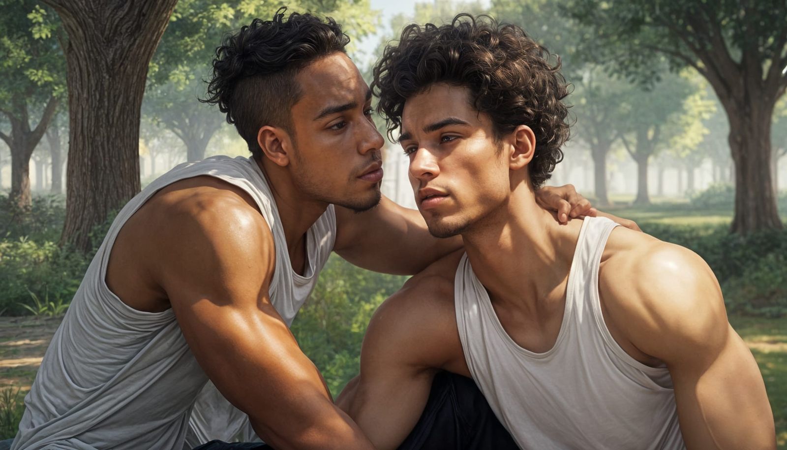 Intimate Portrait of Two Men in Park, Trending Art