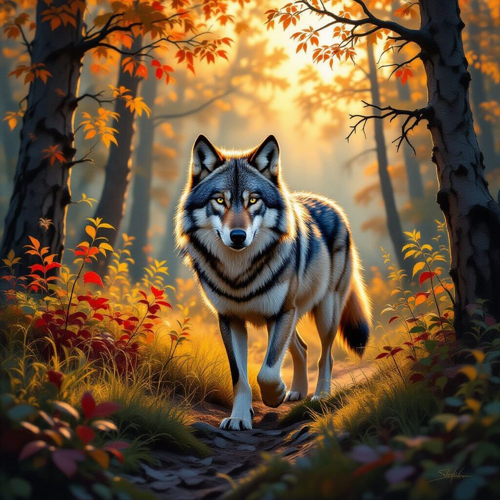 Majestic Wolf in Forest, Wildlife Art